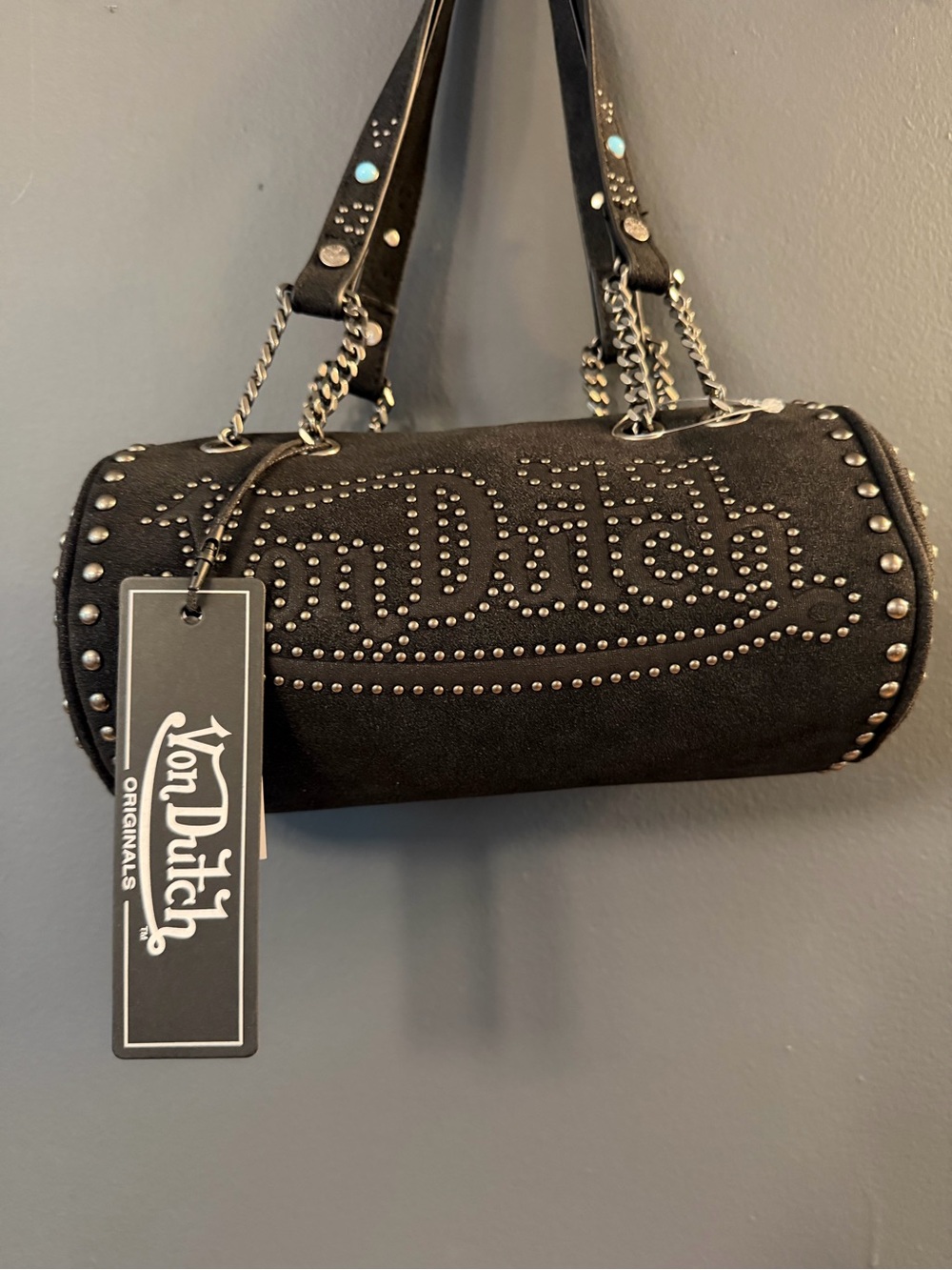 Von Dutch Black Studded Barrel Bag with Chain Straps